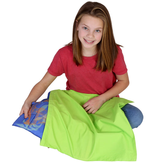 Girl smiling while holding the Mega Weighted Lap Pad and Cover