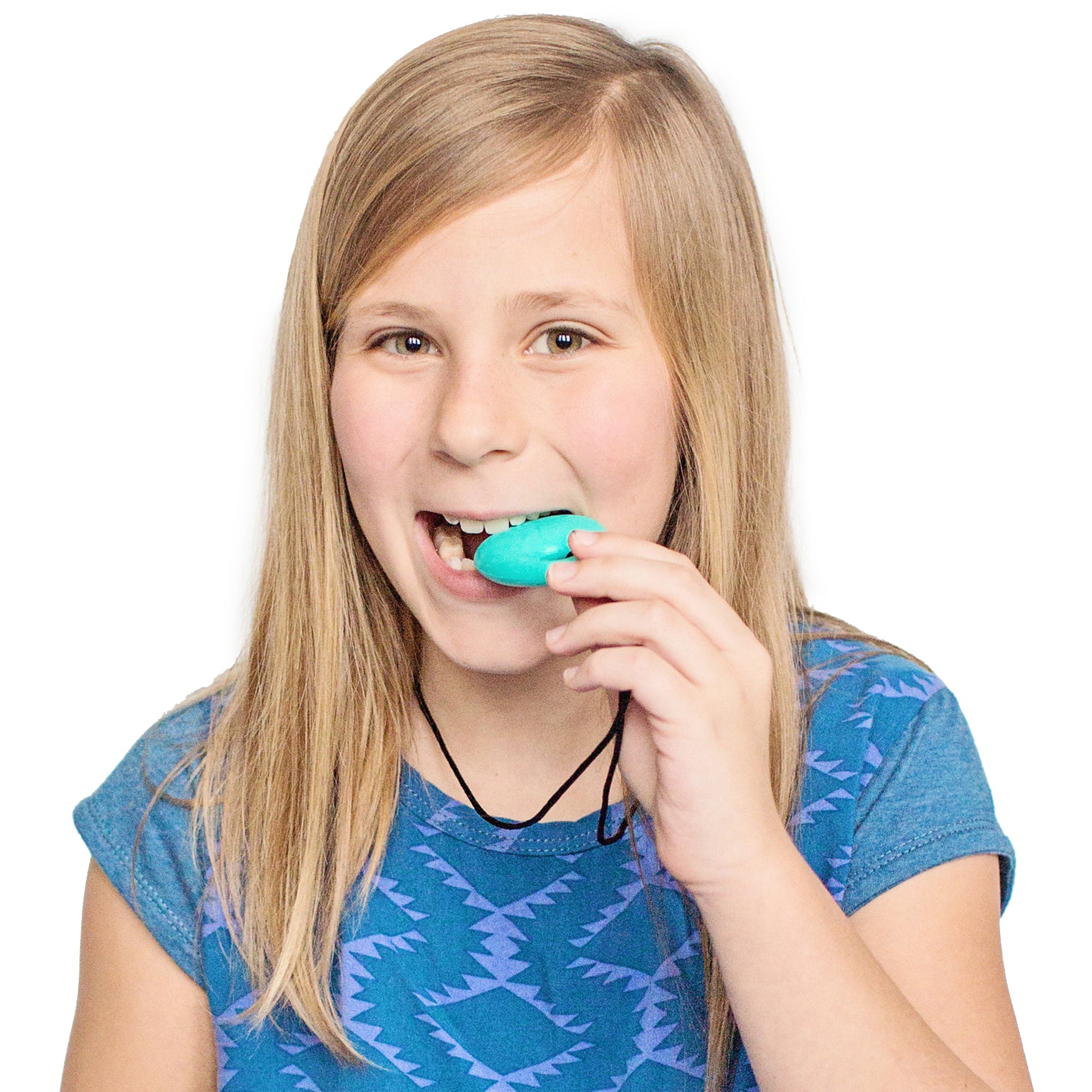 Girl biting on the Turquoise Egg Pendant