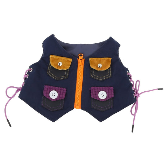 Navy vest with mustard and purple pocket flaps, silver snaps, white buttons, orange zipper and purple laces