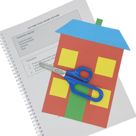 Cut and Stick house picture with the blue Easi-Grip Long Loop Self-Opening Scissors