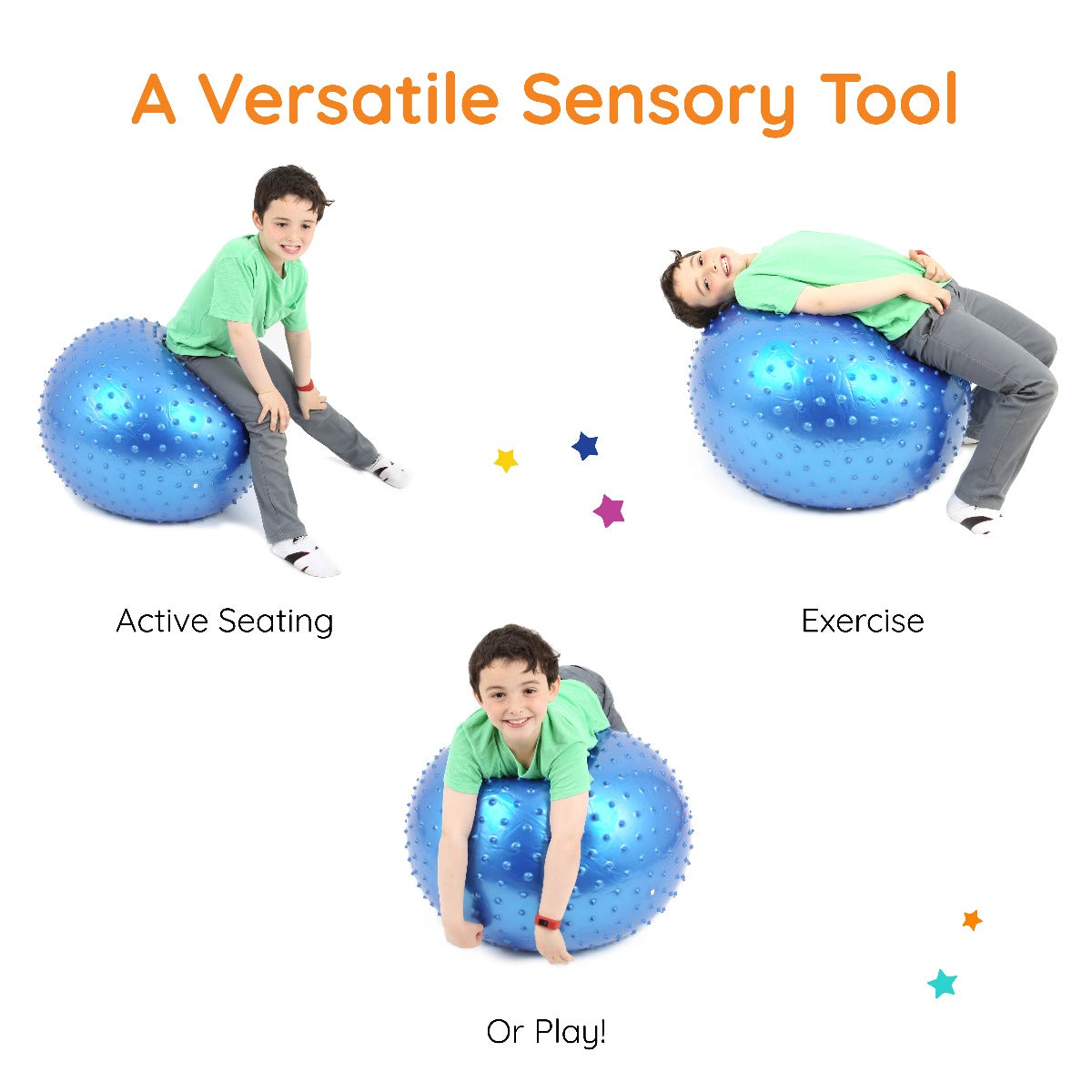 Boy smiling and happily playing with the blue Tactile Sensory Ball