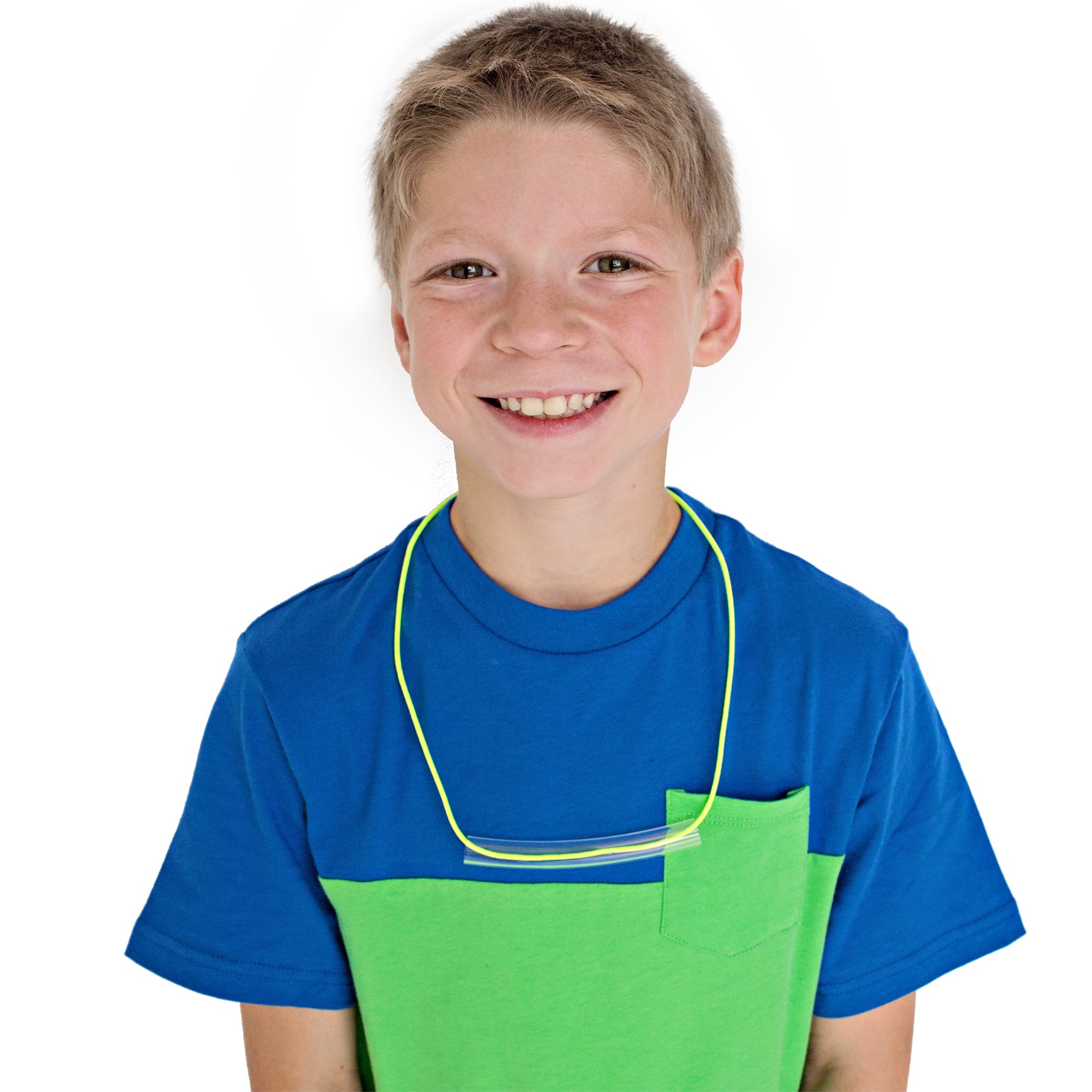Boy wearing the Clear Chew Necklace
