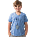 Boy smiling while wearing The Rock Chewy in the Color gray.  Black necklace and clasp
