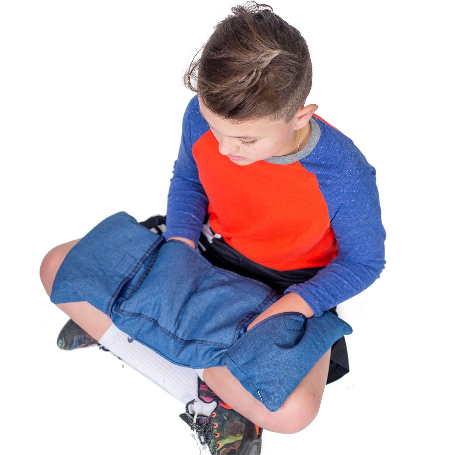 Boy using the Denim Pocket Lap Pad
