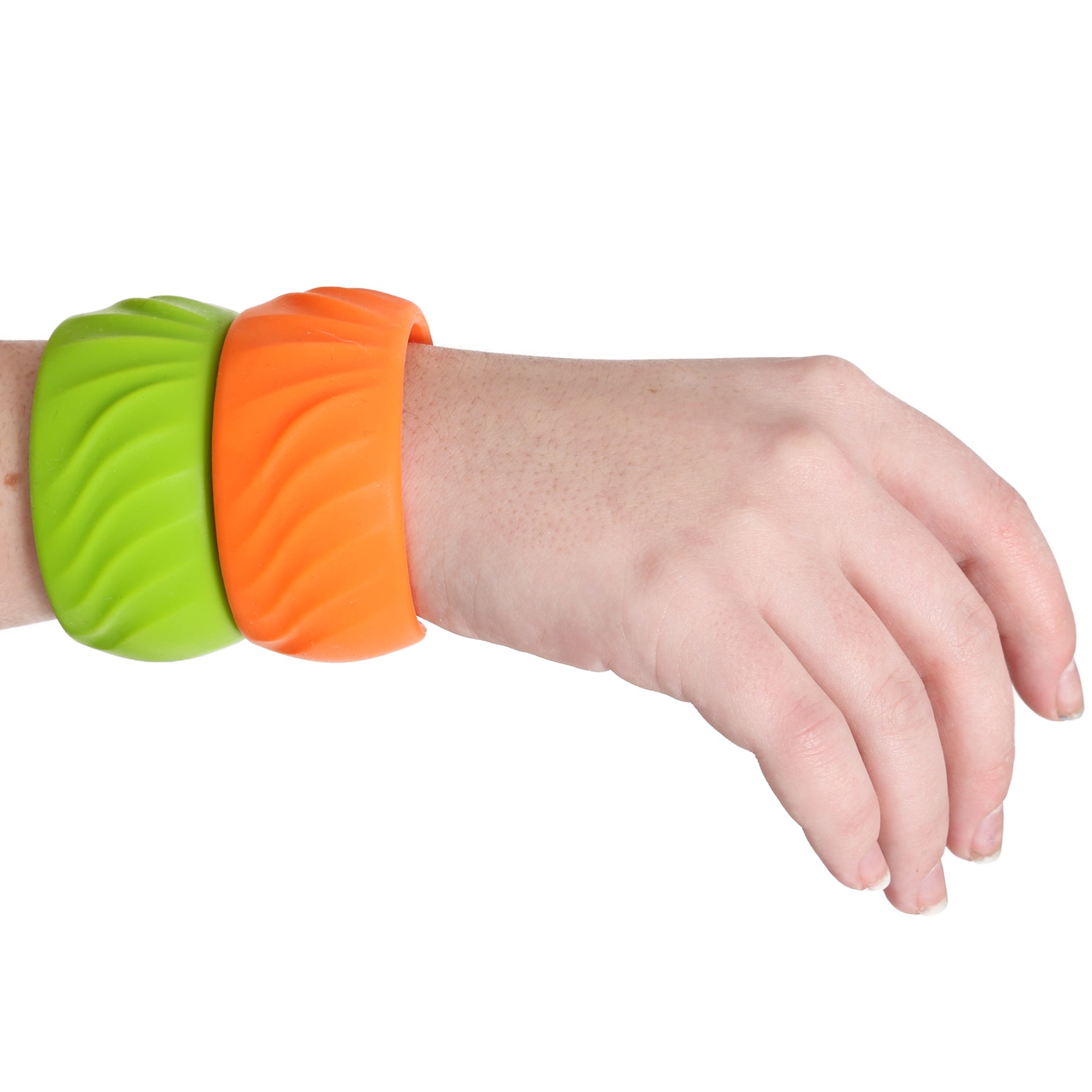 Green and orange Textured Bangle Bracelets on an arm