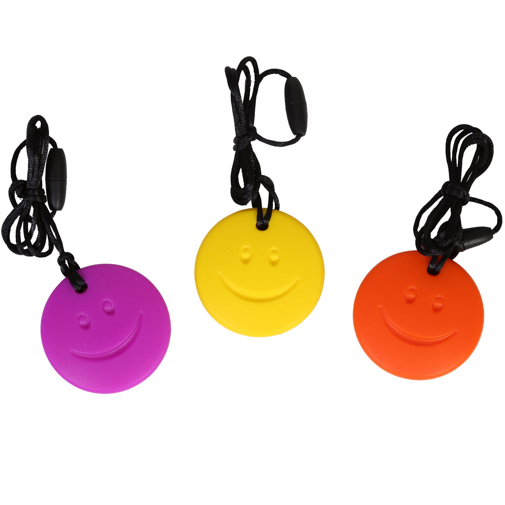 Happy Face Fidget Necklace - Set of 3, purple, yellow and orange