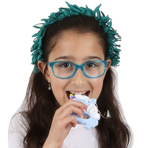 Girl biting the Unicorn Necklace