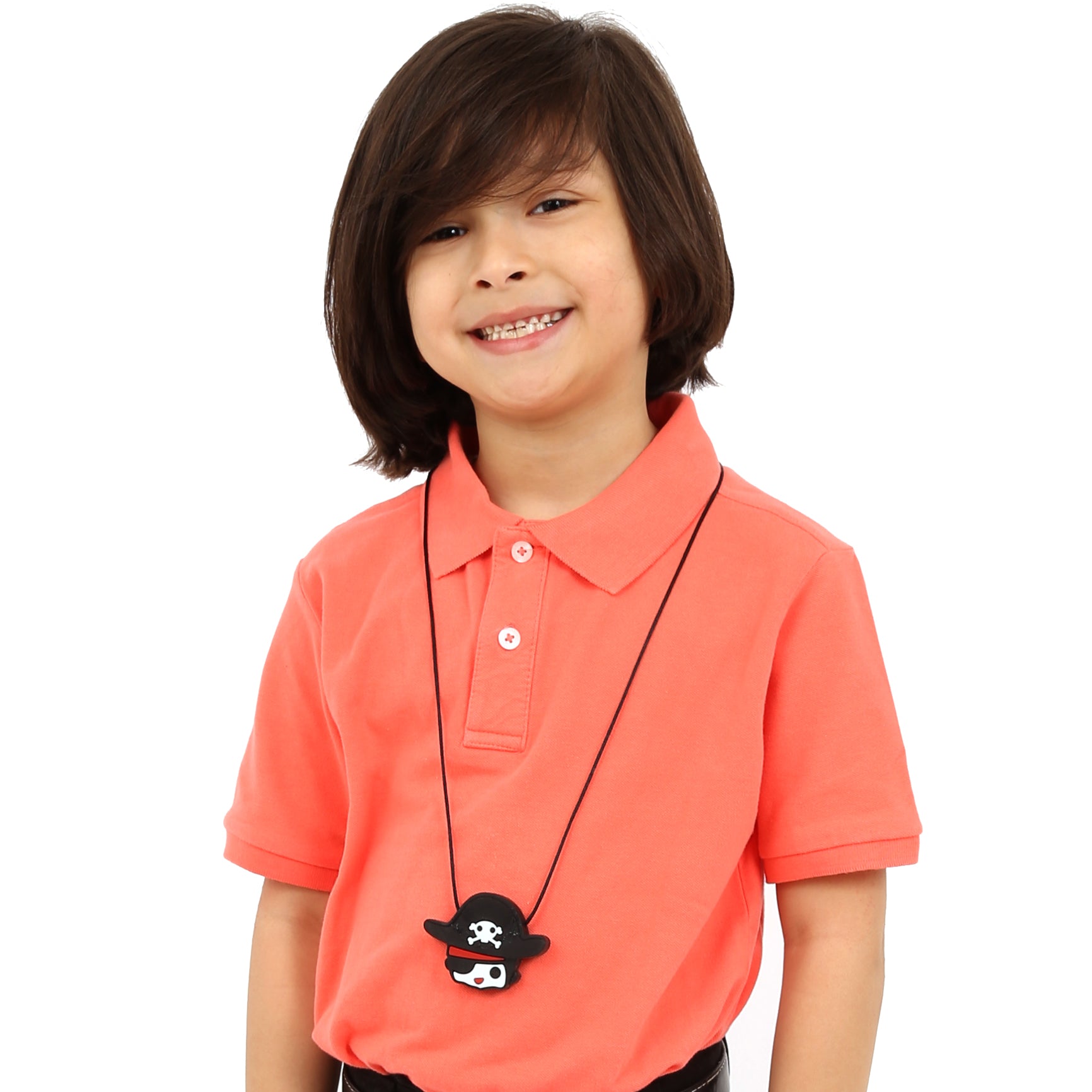Boy smiling while wearing the Pirate Chewy Necklace