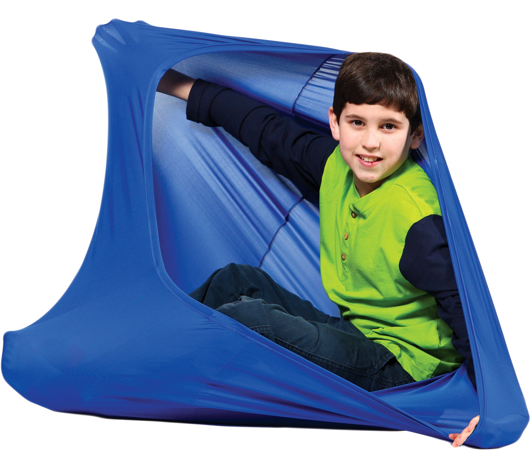 Boy smiling inside the Transformer Sensory Sack