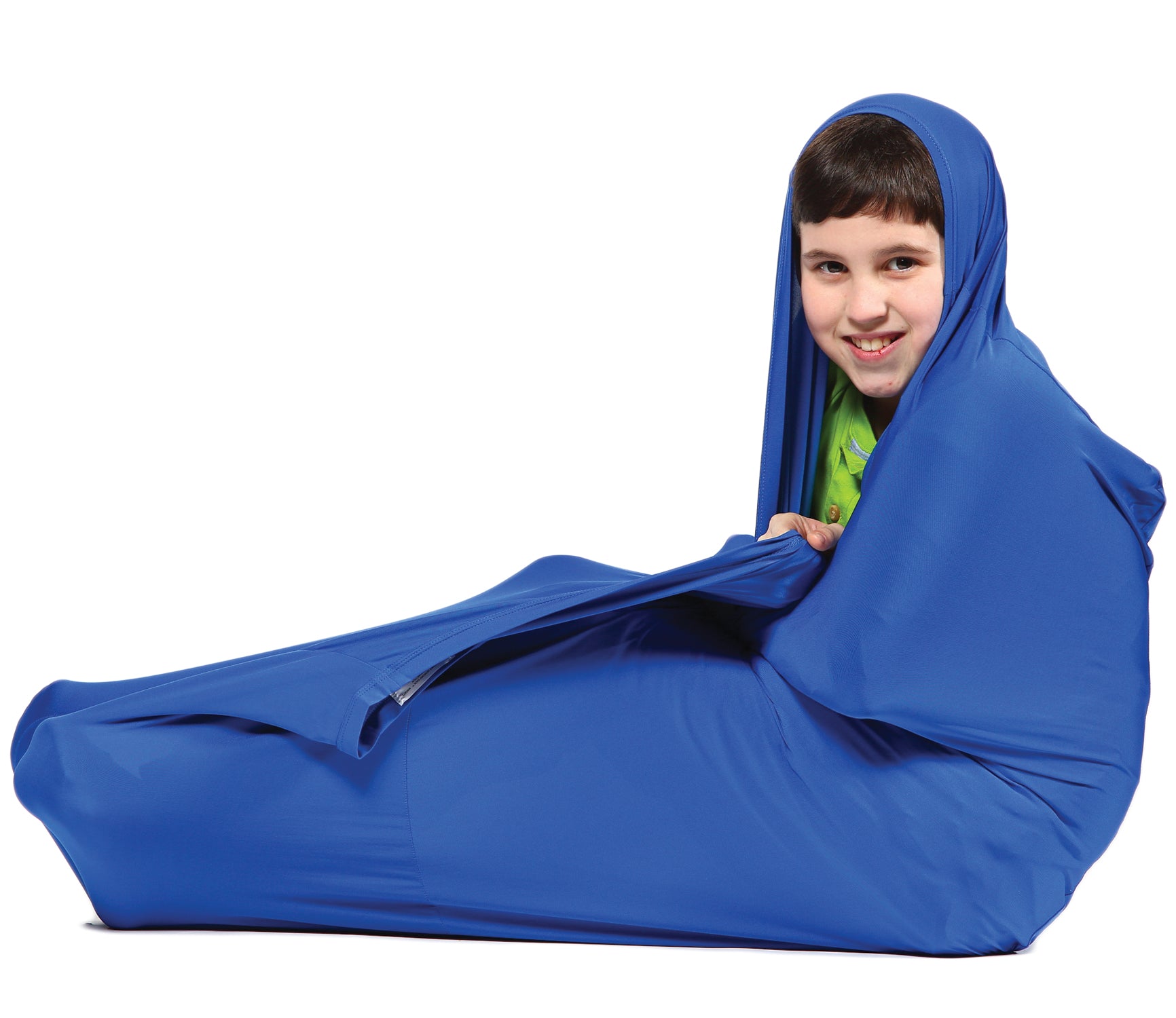 Boy smiling inside the Transformer Sensory Sack