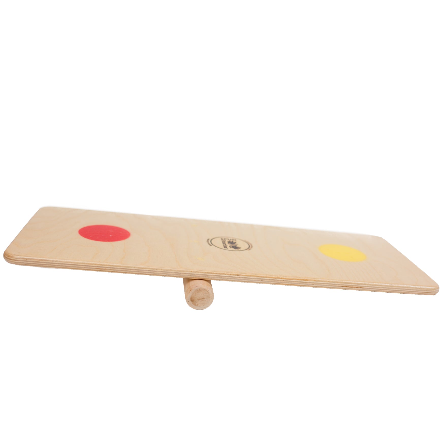 A Stomp, Rock and Walk Board, natural wood with yellow and red painted dots