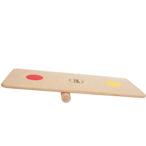 A Stomp, Rock and Walk Board, natural wood with yellow and red painted dots