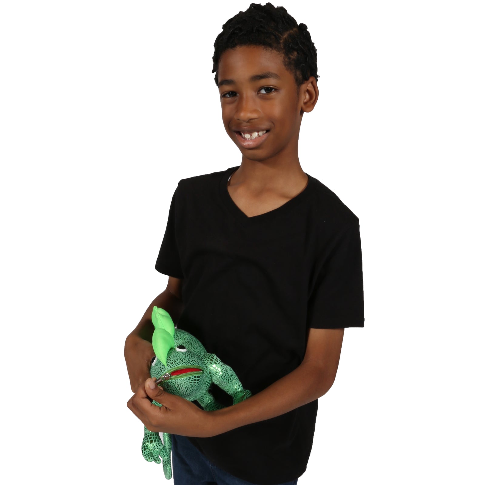 Boy smiling while holding Izzy the Iguana - Weighted Stuffed Animal