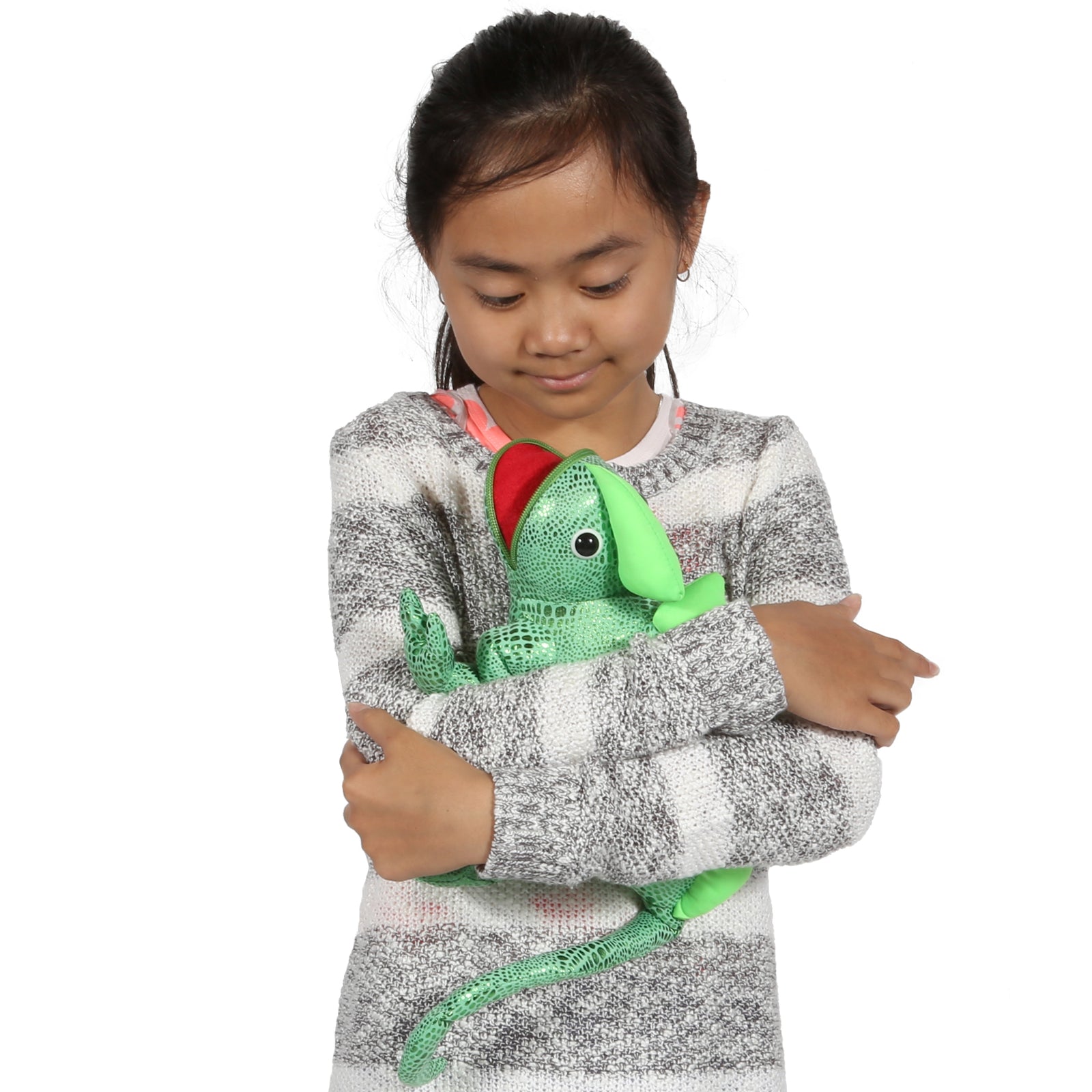 Girl holding Izzy the Iguana - Weighted Stuffed Animal