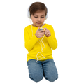Child wearing headphones and a yellow shirt on a white background