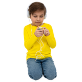 Child wearing headphones and a yellow shirt on a white background