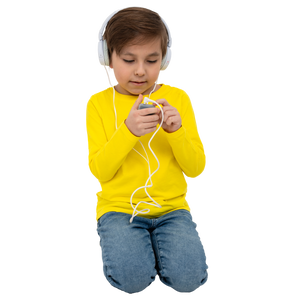 Child wearing headphones and a yellow shirt on a white background