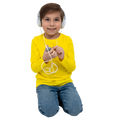 Child wearing headphones and a yellow shirt on a white background