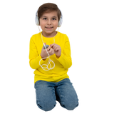 Child wearing headphones and a yellow shirt on a white background