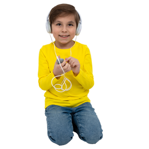 Child wearing headphones and a yellow shirt on a white background