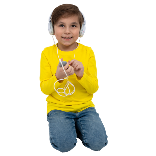 Child wearing headphones and a yellow shirt on a white background