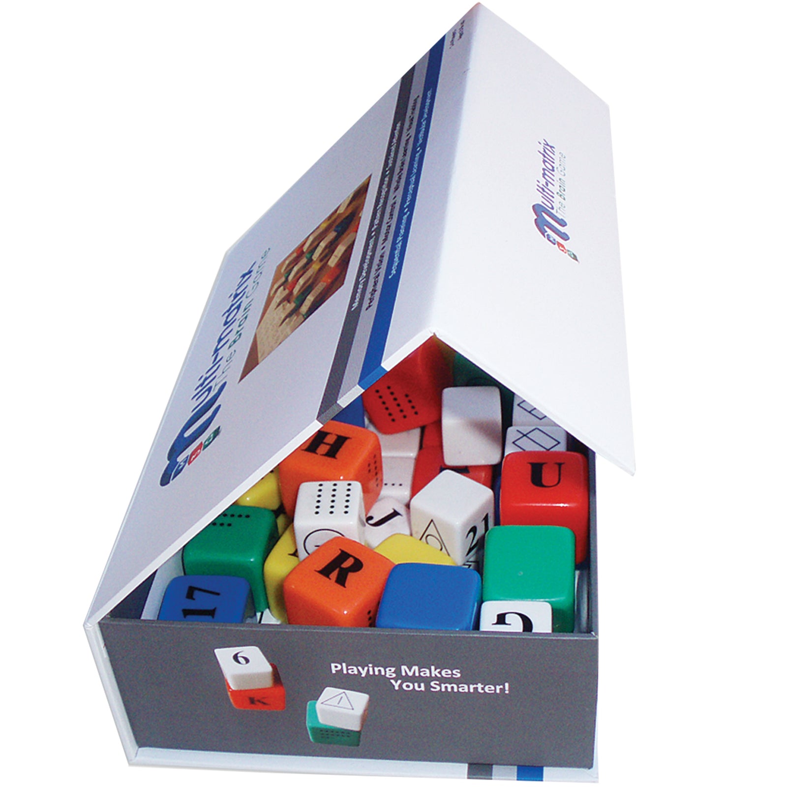 An open Multi-Matrix Game box with smart cubes that contain letters, numbers, dots and symbols