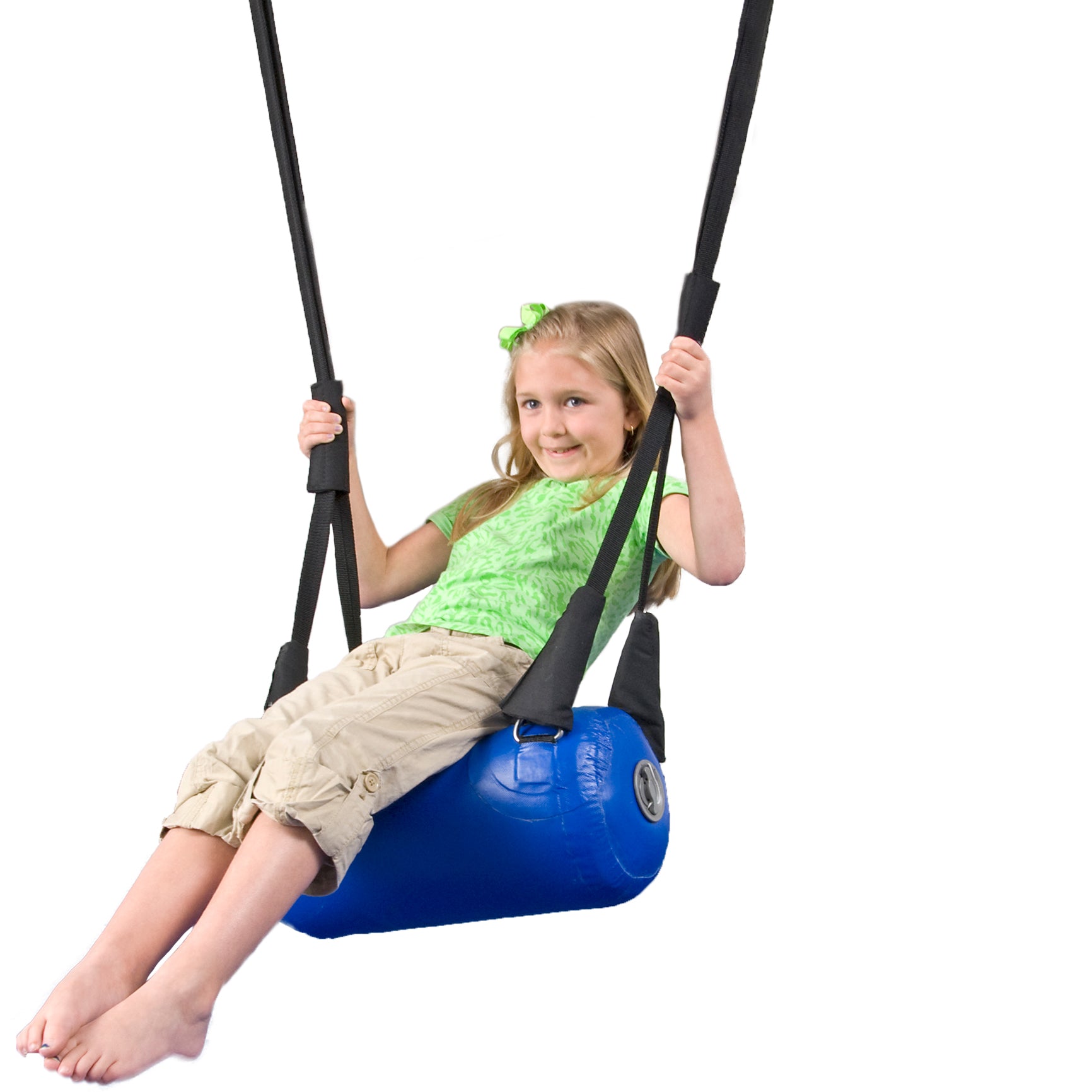 child swinging back on blue bolster swing