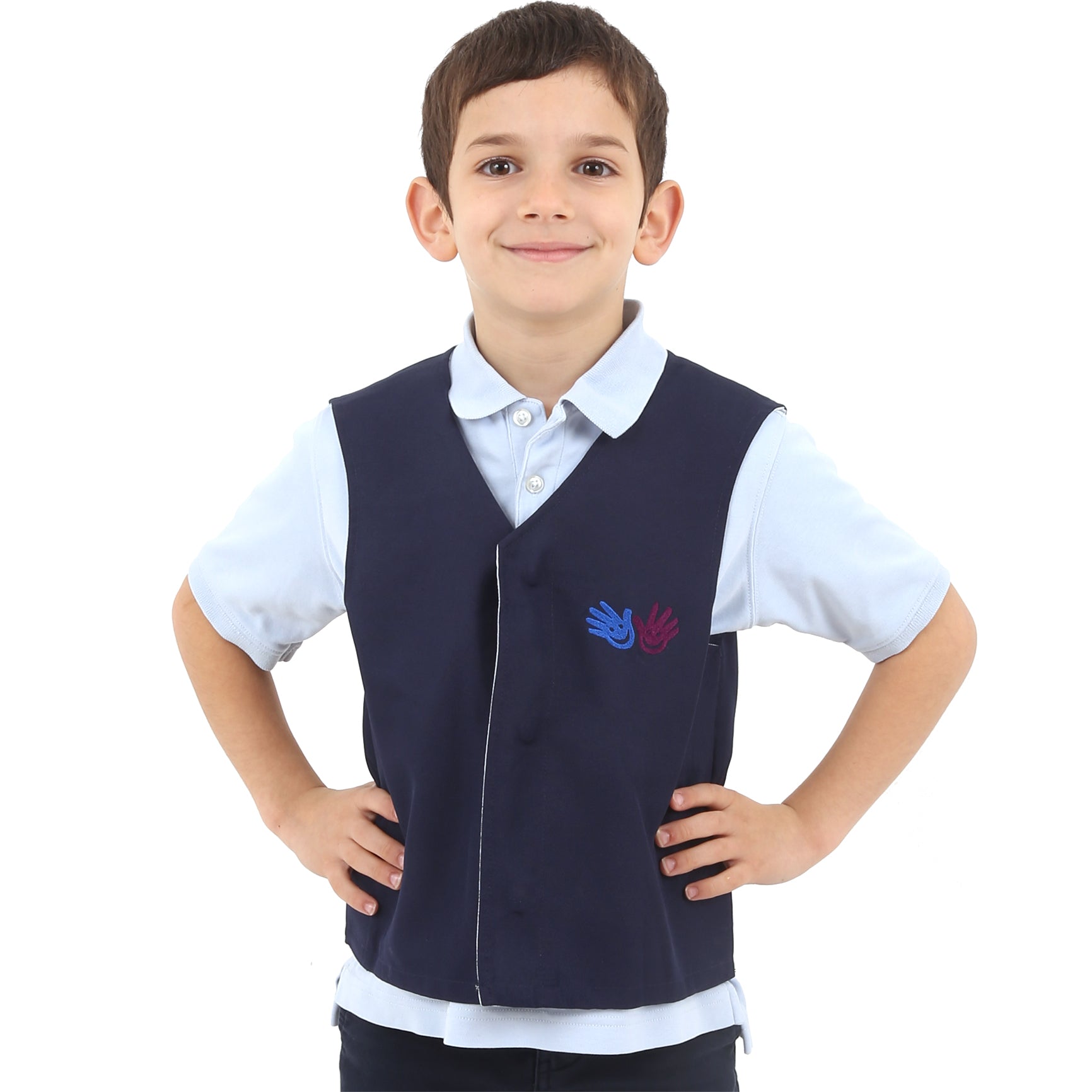 Boy smiling while wearing the blue Weighted Vest