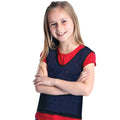 Girl smiling while wearing the Blue with black trim Pressure Mesh Vest