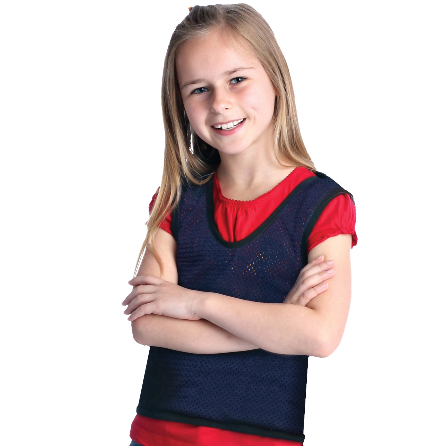 Girl smiling while wearing the Blue with black trim Pressure Mesh Vest