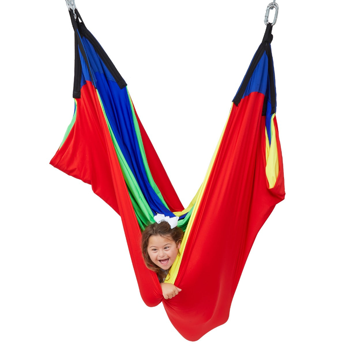 Child smiling while swinging in a colorful acrobat hammock swing