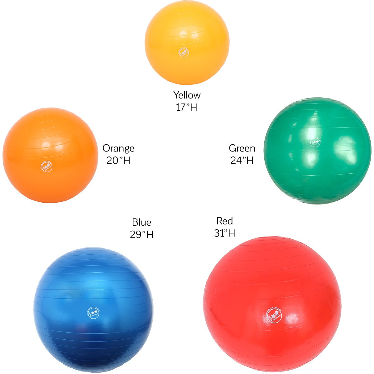 Therapy Balls in the colors yellow, green, red, blue and orange