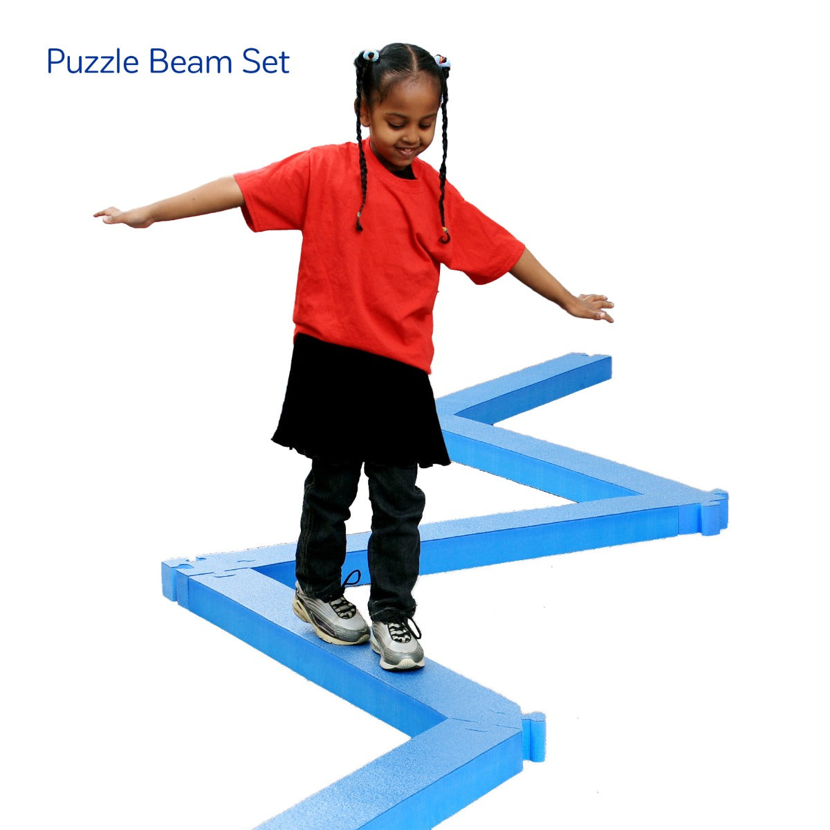 Girl smiling while doing the puzzle beam set