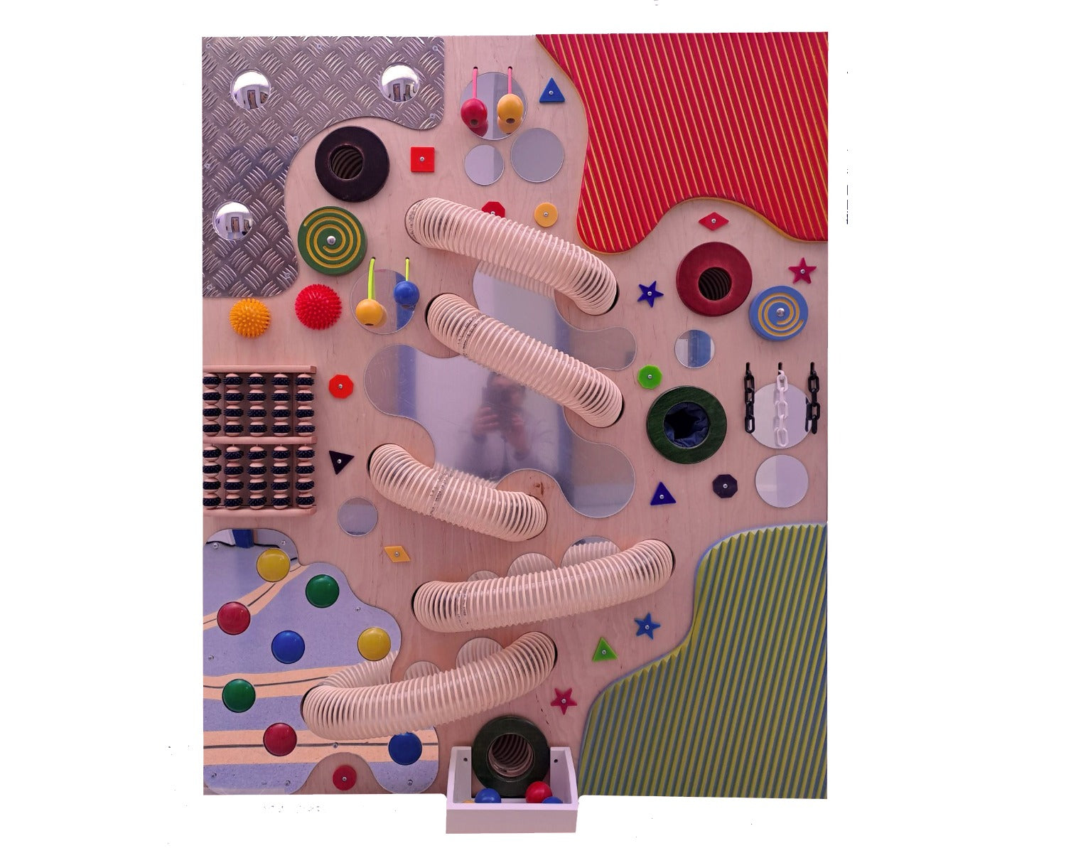 Close up of Ball Run Tactile Panel with ball chutes, roller balls, textured tiles, and mirror