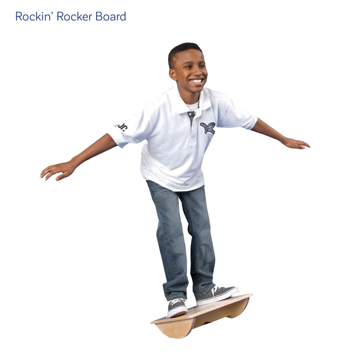 Boy smiling while using the Rockin' Rocker Board
