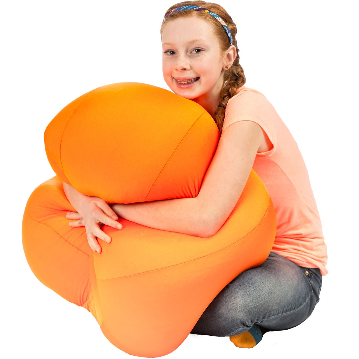 Girl holding the orange Mushy Smushy Bean Bag Chair
