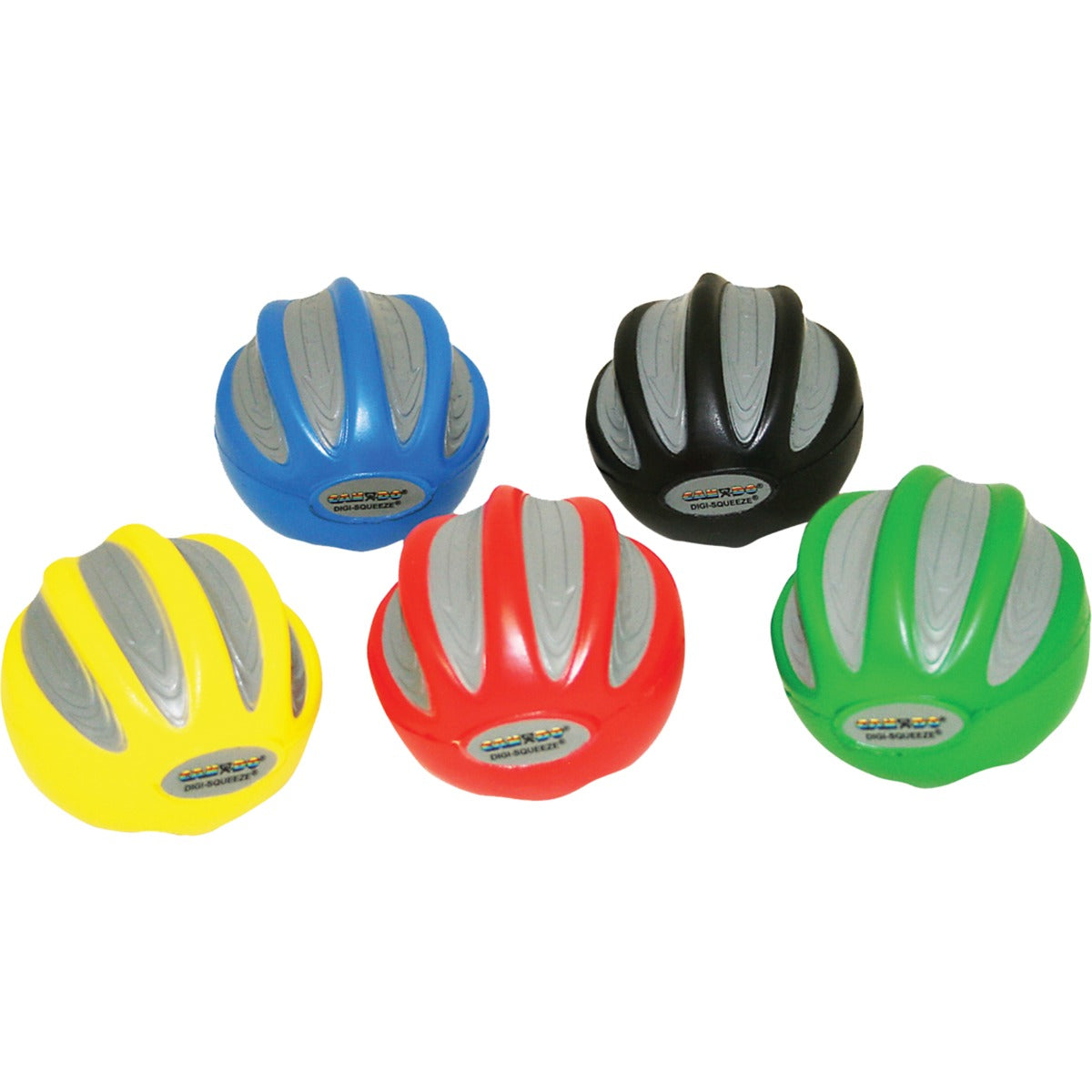 Set of 5 Digi Squeeze balls in colors yellow, blue, red, black and green