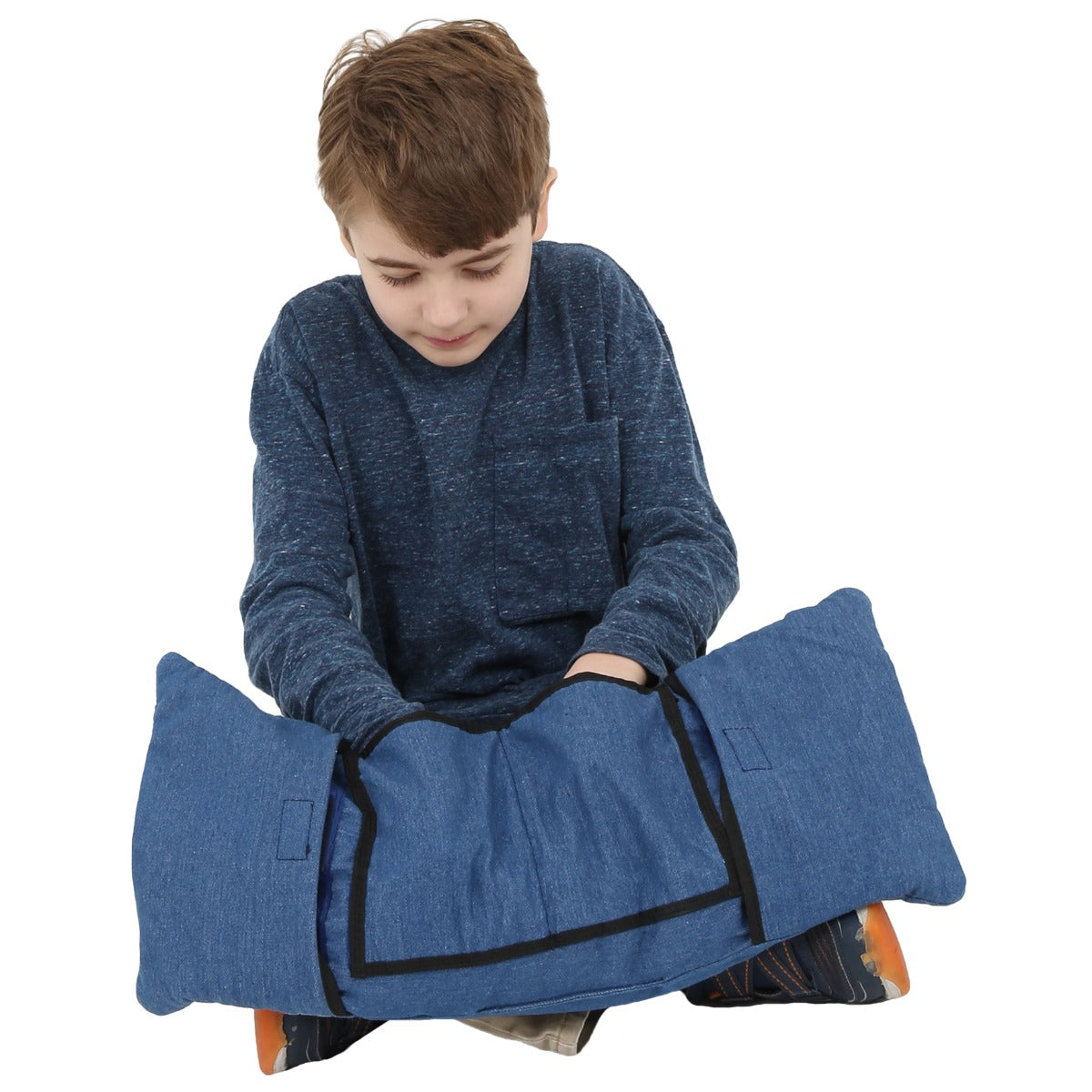 Boy using the Denim Pocket Lap Pad