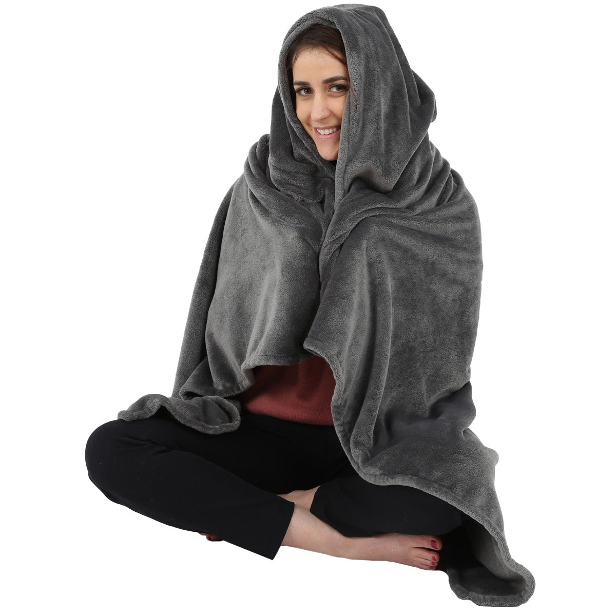 Girl smiling while using the Weighted Hoodie Wrap