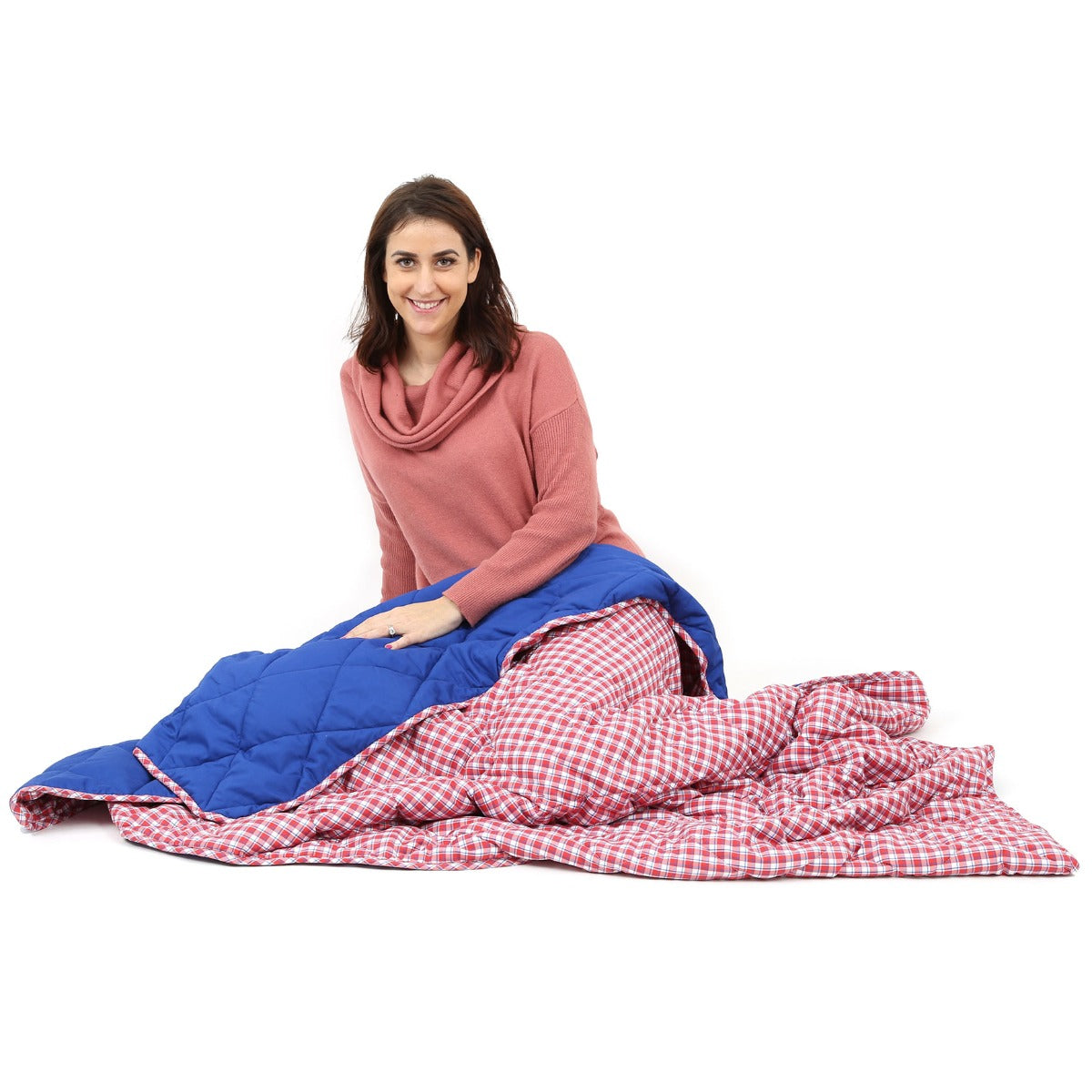 Woman using the Weighted Plaid Blanket