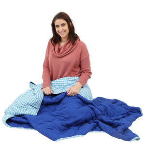 Woman using the Weighted Plaid Blanket