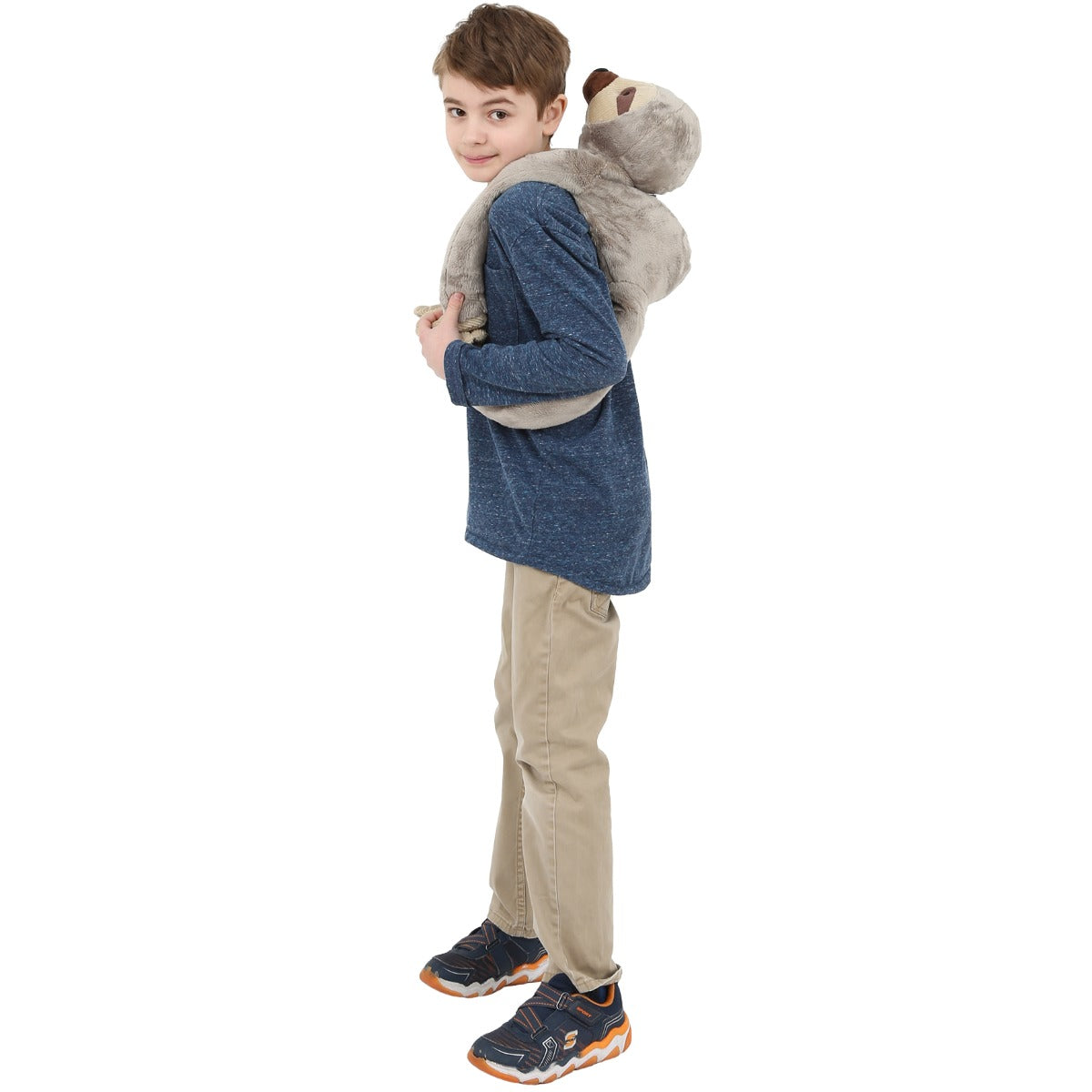 Boy carrying the Sloth Heavy Hugger on his back