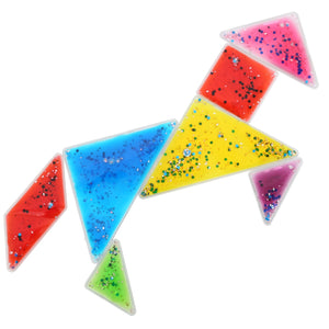 glittery gel-filled tangram shapes used to form a horse