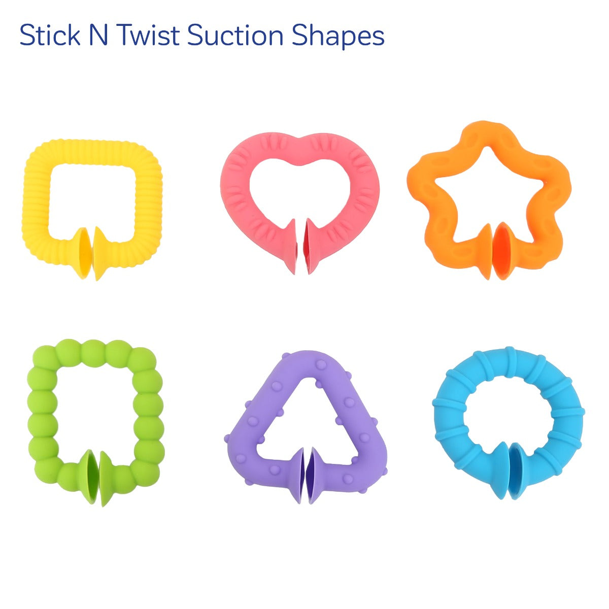 Stick N Twist Suction shapes in the colors yellow, pink, orange, green, purple and blue
