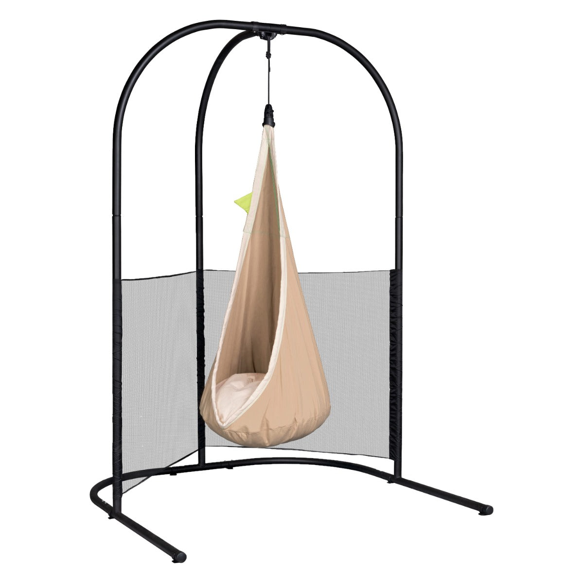 beige swinging chair attached to swing stand