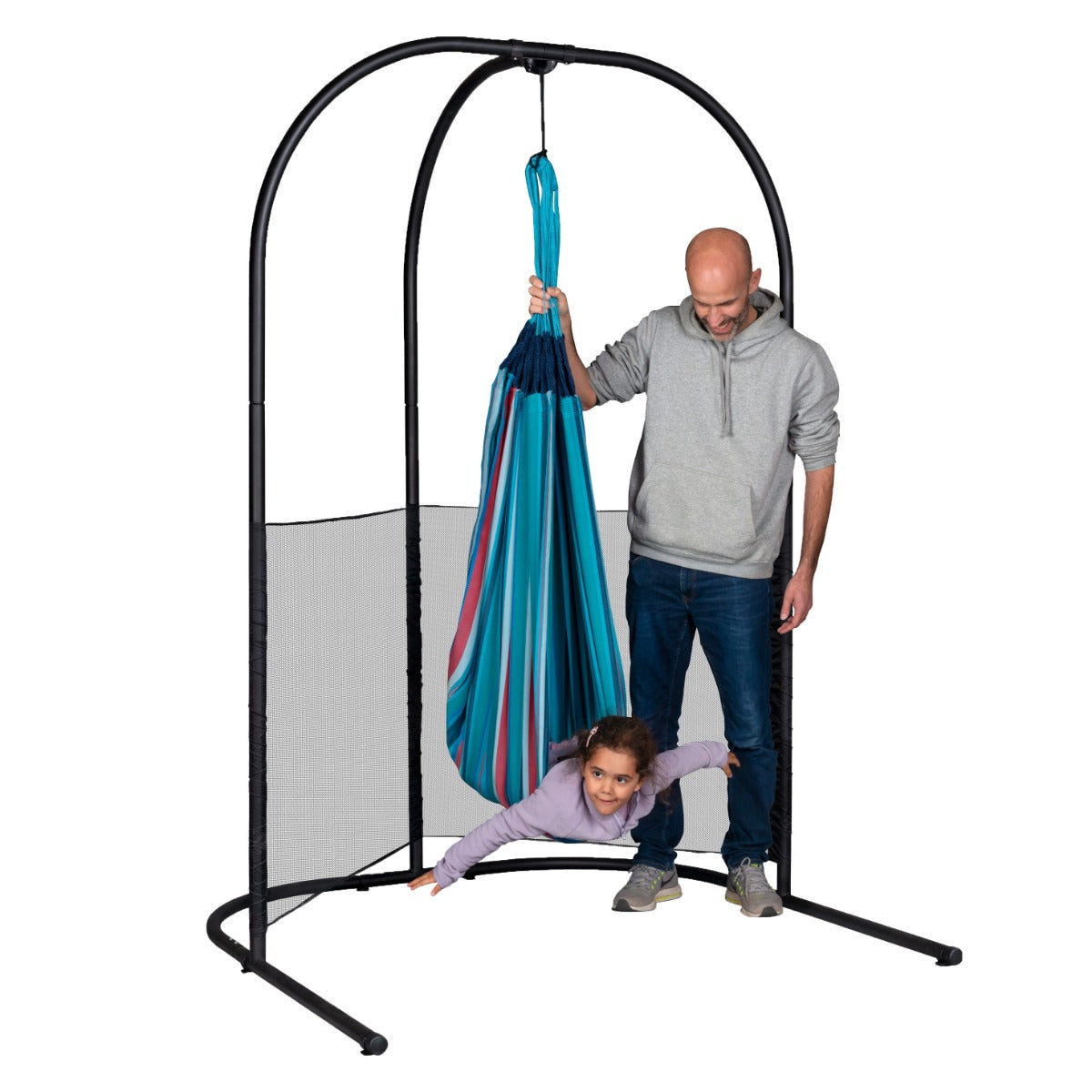 Adult assisting a child using a sensory hammock suspended from swing stand