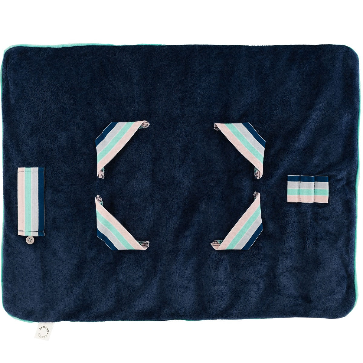 Close-up of the soft surface and colorful elastic bands of the  Sensory Basics Weighted Lap Pad