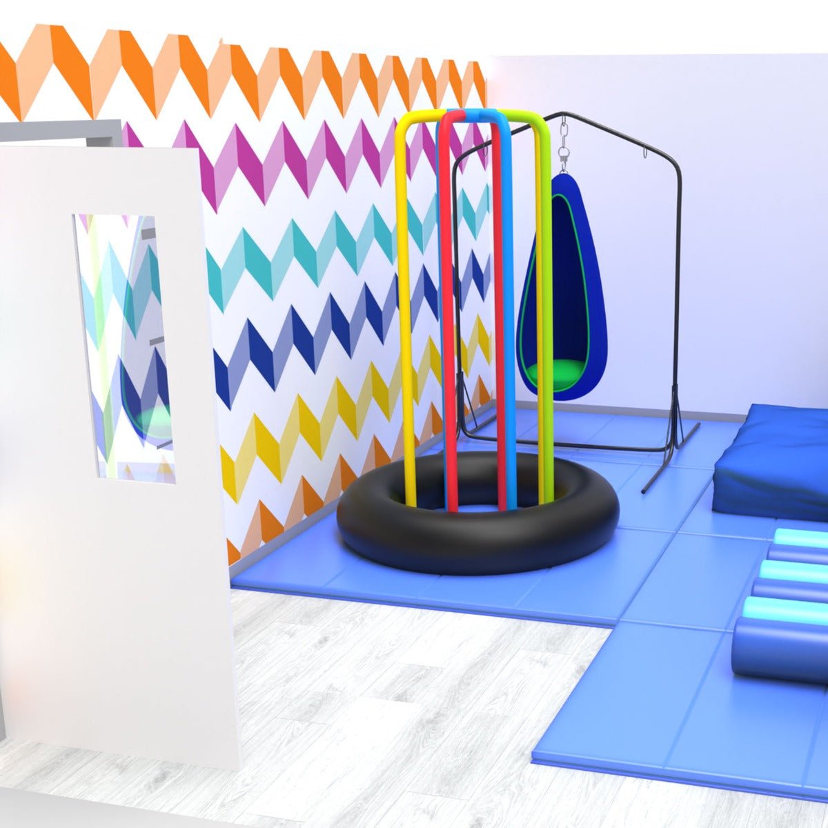 Peel-and-stick wallpaper with calming patterns on the walls of a sensory room