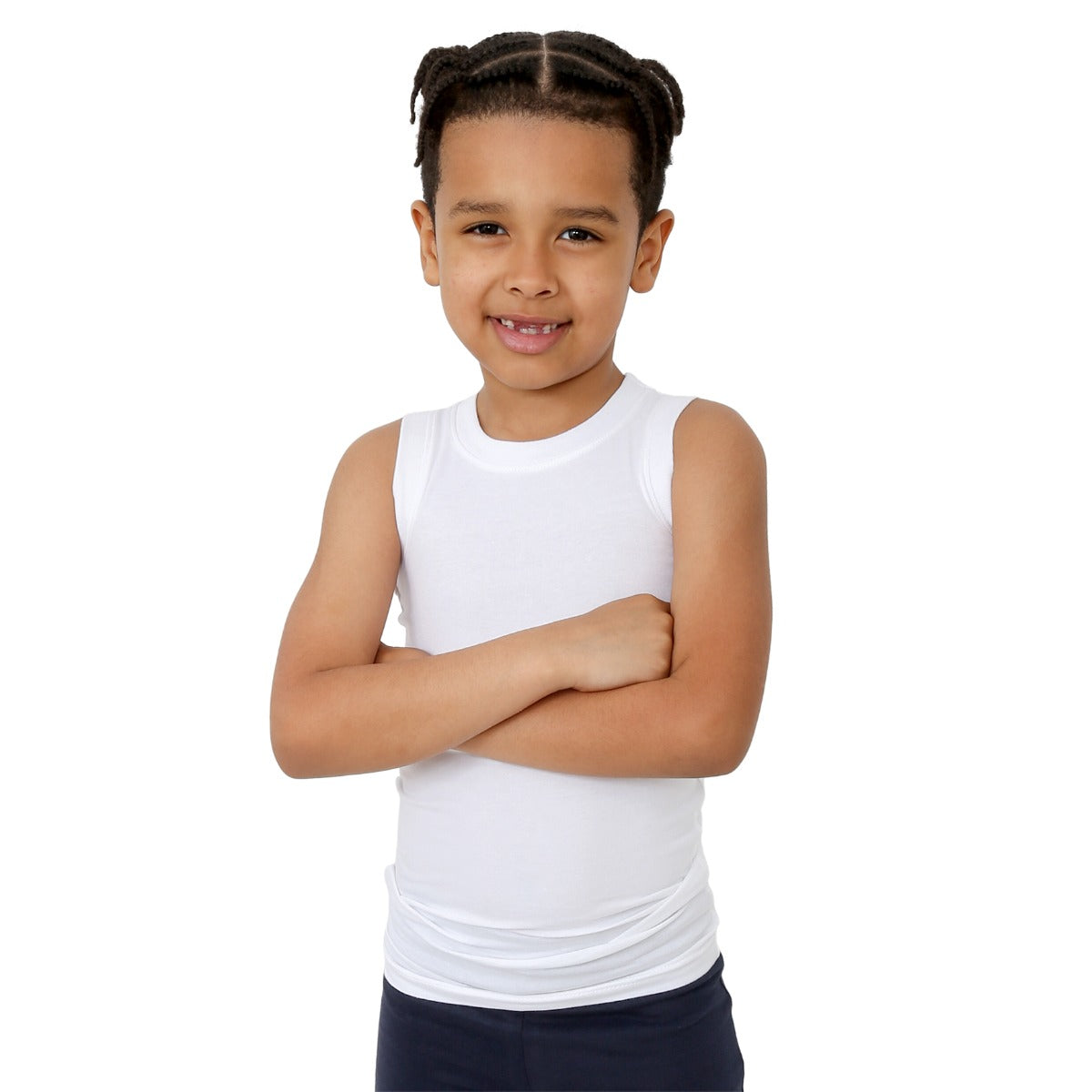Child wearing the white Hug Tank Top