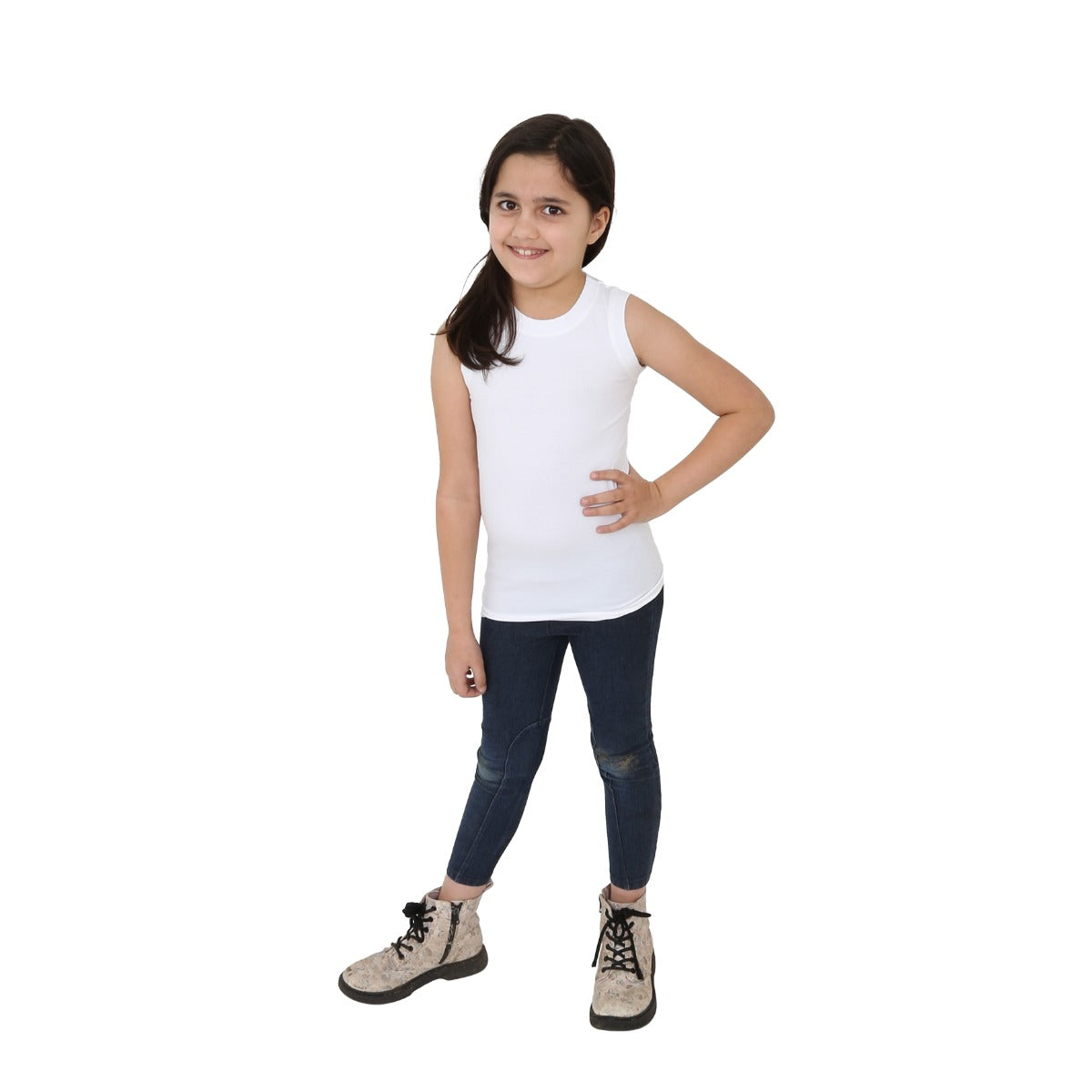 Girl wearing the white Hug Tank Top